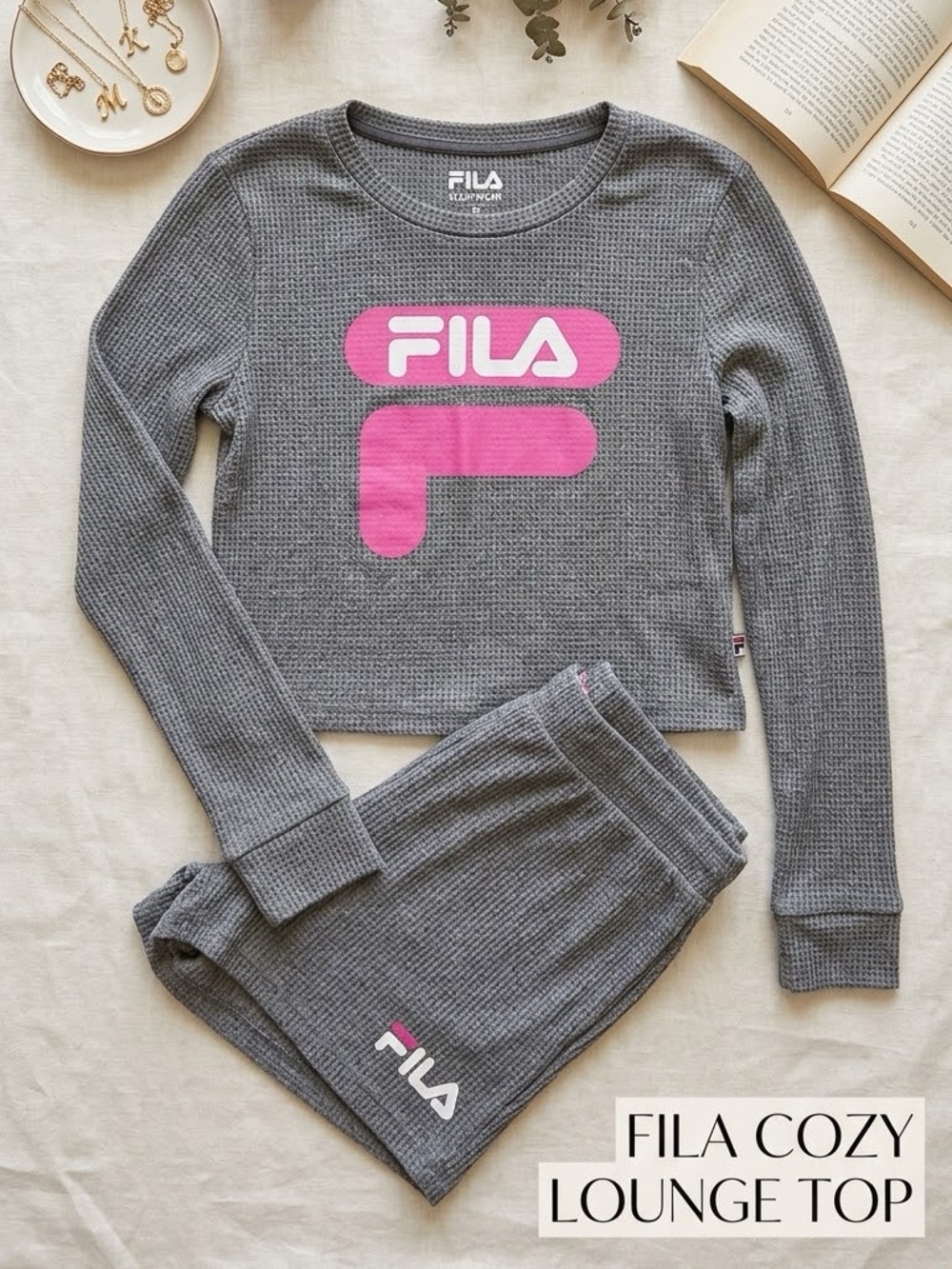 Fila Gray Waffle Knit Long Sleeve Crop Pyjama Top Pink Logo Women’s Small